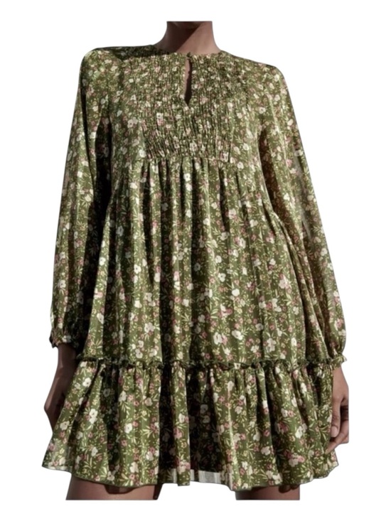 Zara Dresses & Skirts - ZARA Green Floral Mini Dress w/Keyhole
Neckline and Smocked Top, Size M.